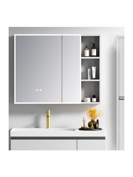 Martin Καθρέπτης Μπάνιου Led από Plywood με Ράφι & Ντουλάπι 100x68cm Λευκός