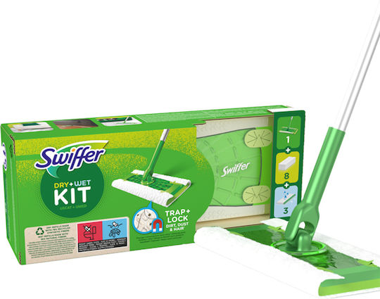 Swiffer Trap Lock Basic Kit 1 Mop 8 Dry Cloth Refills + 3 Wet Cloth Refills