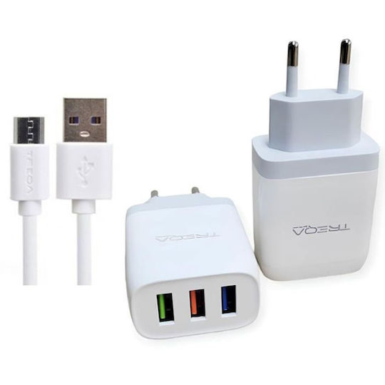 Treqa Ladegerät mit 3 USB-A Anschlüsse und Kabel Micro-USB Weißs (CH-642)