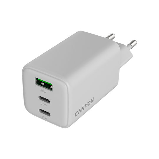 Canyon GaN Wireless Charger with USB-A Port and 2 USB-C Output Ports 65W Power Delivery White