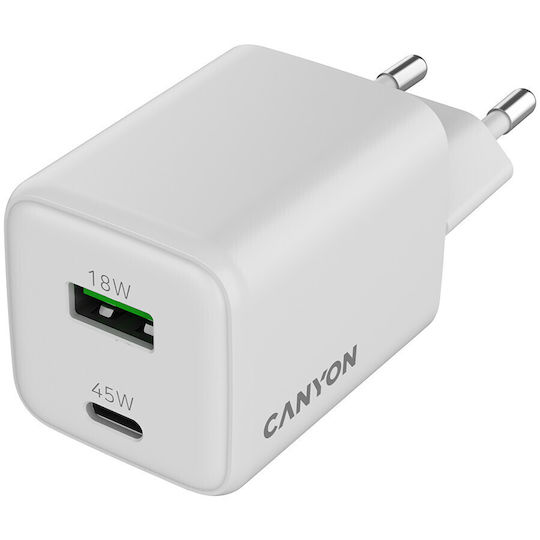 Canyon Încărcător Fără Fir GaN Cu Port USB-A Și Port USB-C 45W Livrarea Energiei Alb