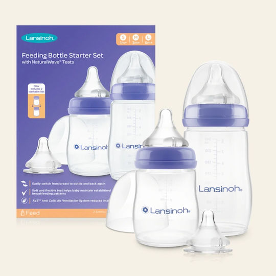 Lansinoh Σετ Πλαστικά Μπιμπερό Feeding Bottle Starter Κατά των Κολικών με Θηλή Σιλικόνης για 1+ μηνών 160ml