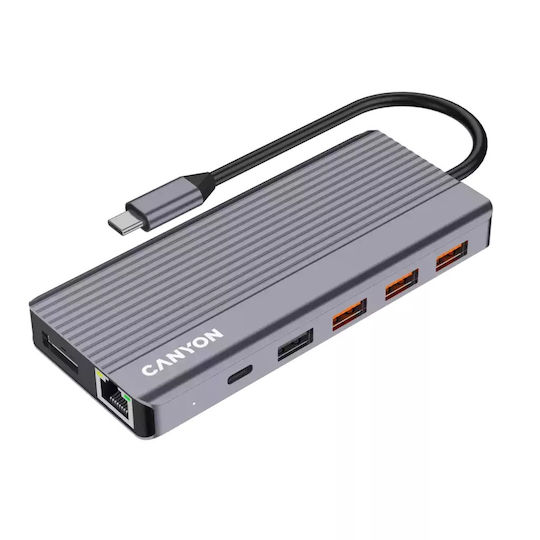 Canyon USB-C Dockingstation für Laptops mit HDMI/DisplayPort 4K PowerDelivery Ethernet und Bildschirmverbindungen für 3 Monitore Grau