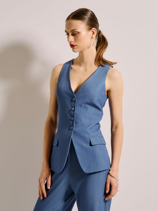 Desiree Long Women's Vest with Buttons Blue