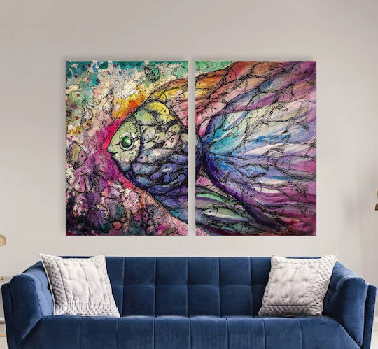 Canvas Painting Multicolored Fish Diptych 70x50cm 2 Pieces 35x50cm