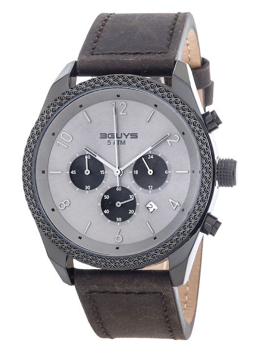 3Guys Men's Watch 45mm Chronograph Battery with Brown Leather Strap