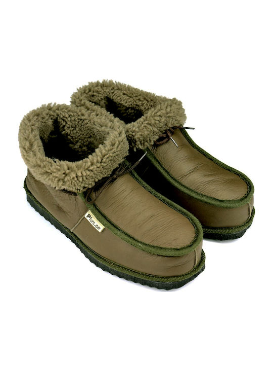 Heel Enclosed Men's Slippers with Fur Green