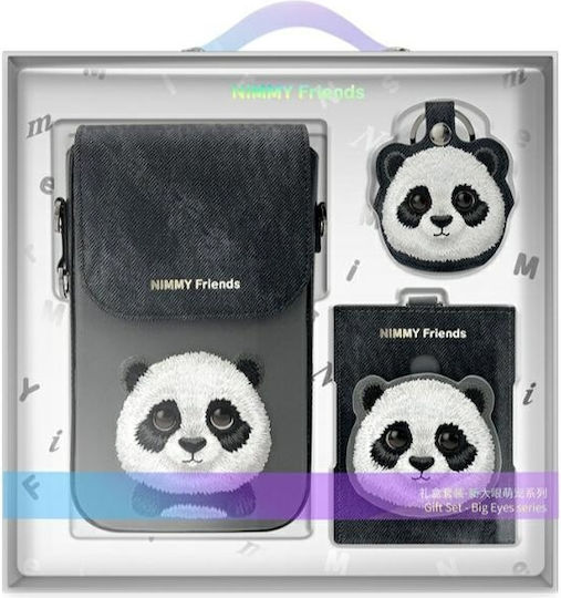 Nimmy Set 3in1 Handytasche + Geldbörse + Ortungshülle Schwarz Großäugiges Haustier 2.0 Panda