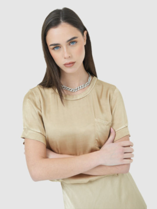 Fashioncore Bluza Damă Satin Mâneci Scurte Bej