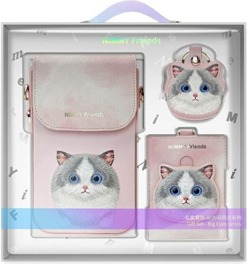 Nimmy Set 3in1 Phone Bag + Wallet + Locator Case Pink Big Eyed Pet 2.0 Cat