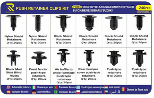 Car Plastic Fastener Clips Set 240pcs Ford-Toyota-Honda BMW-Chrysler-Buick-Benz-Subaru-Suzuki 12 Designs