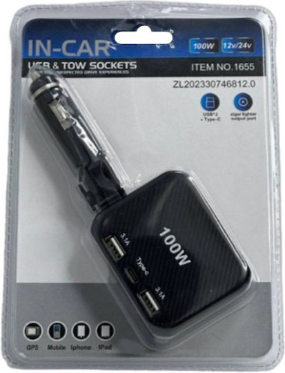 Încărcător Auto Cu Mufă De Brichetă 100W 3.1A Cu Porturi 2xUSB-A 1xType-C