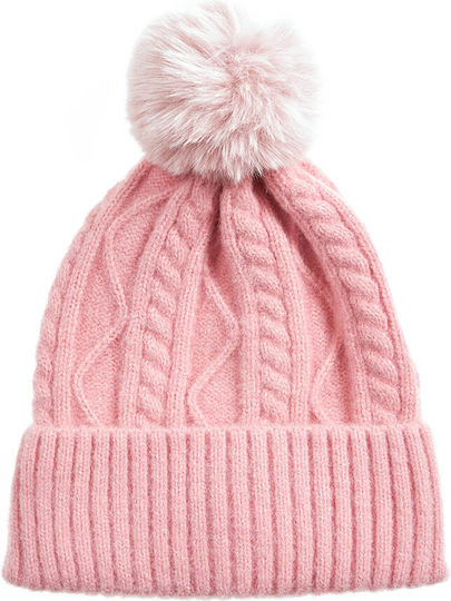 Pom Pom Beanie Γυναικείος Σκούφος Πλεκτός σε Ροζ χρώμα