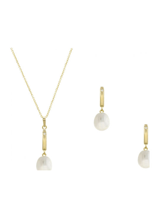Polytimo Set mit Halskette & Ohrringe aus Gold 14K mit Steinen und Perlen