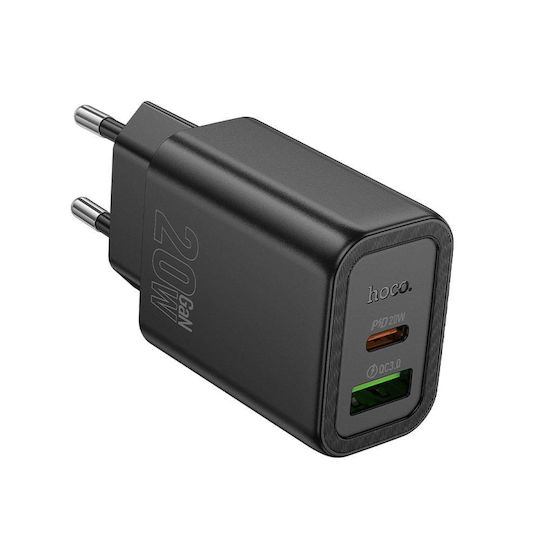Hoco Зарядно без кабел с USB-A порт и USB-C порт 20W Power Delivery / Quick Charge 3.0 Черен (N61)