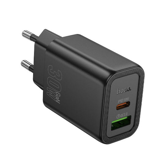 Hoco Зарядно без кабел с USB-A порт и USB-C порт 30W Power Delivery / Quick Charge 3.0 Черен (N63)