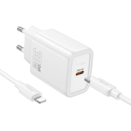 Hoco Φορτιστής με Θύρα USB-C και Καλώδιο USB-C - Lightning 30W Power Delivery / Quick Charge 3.0 Λευκός (N62)