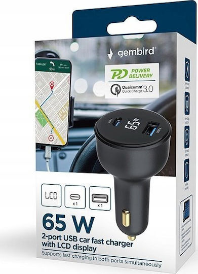 Gembird Автомобилно Зарядно Устройство 65W 3A с Портове 2xUSB-A 1xType-C Черен Цвят