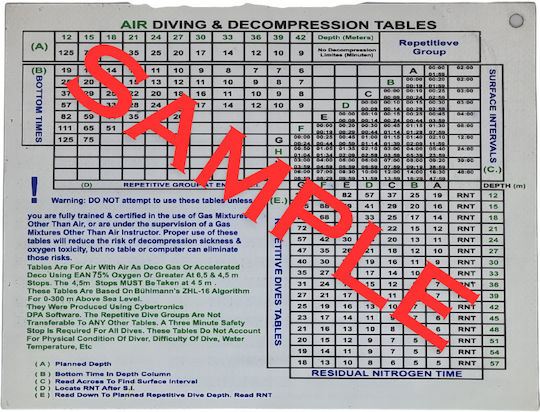 Extreme Buhlmann Air Dive Table w/Optional 75% Accelerated Deco Αξεσουάρ Καταδυτών Πίνακας Αποσυμπίεσης