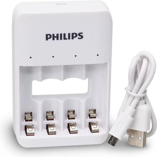 Philips Quad Channel Battery Charger USB 4 Μπαταριών Ni-MH Μεγέθους AA/AAA Σετ με 2x AA + 2x AAA