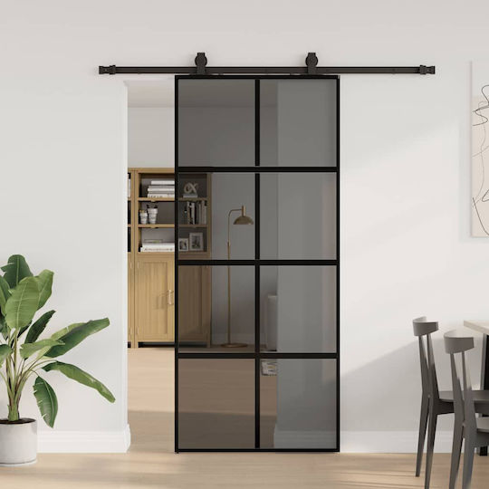 Schiebetürbeschlag-Set Schwarz 90x205 cm Gehärtetes Glas Schwarz 90 x 205 cm Schiene 183 cm