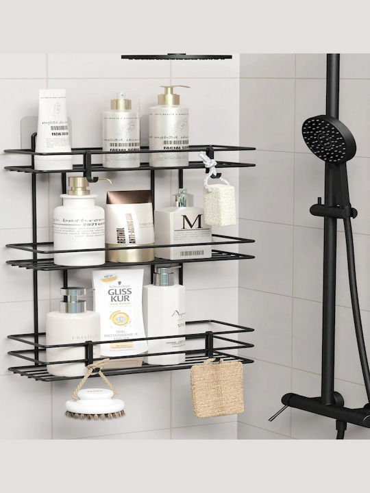 Femmit Wall-Mounted Metal Adhesive Bathroom Shelf 3 Shelves 4 Hooks 10x25x48 Cm Matte Black