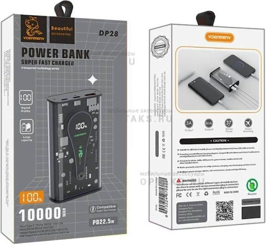 VDENMENV DP28 Power Bank 10000mAh 22.5W cu Port USB-A și 2 Porturi USB-C Livrarea energiei Negru