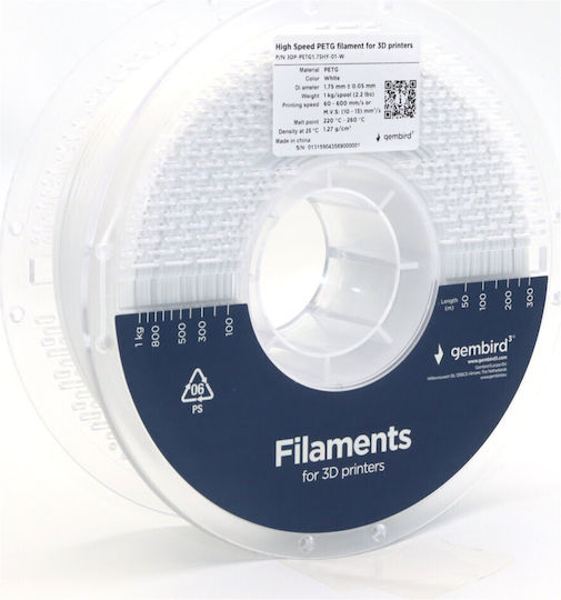 Gembird PETG 3D Printer Filament 1.75mm Λευκό 1kg 1τμχ (Spool)