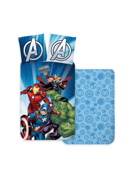 Avengers Set Kids Duvet Cover Single with Pillowcase Cotton Light Blue 100x135cm