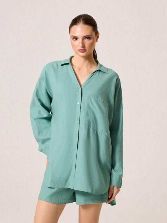 Langärmelig Damen Leinen Hemd Aqua