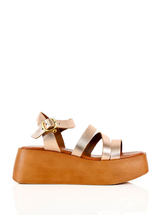 Bronze Flatforms Leather Crossed Straps