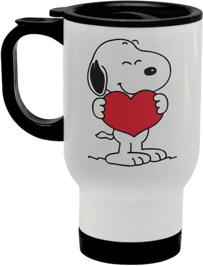 Koupakoupa Snoopy Takemy Heart Glass Thermos Stainless Steel 450ml White with Handle and Straw