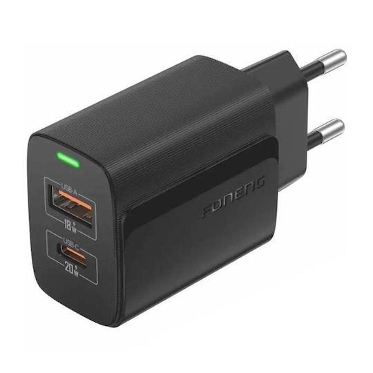 Foneng Φορτιστής με Θύρα USB-A και Θύρα USB-C και Καλώδιο USB-C - USB-C 20W Power Delivery Μαύρος (EU66)