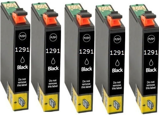 5pcs Compatible New Ink Epson T1291 Black 15ml Apple-Epson Stylus SX230 SX235W SX420W SX425W SX430W SX435W SX438W/SX440W SX445W SX525WD SX535WD SX620FW WF3520 BX305F BX305FW BX320FW B42WD BX525WD BX535WD BX625FWD BX630FW BX635FWD BX925F WD/BX93
