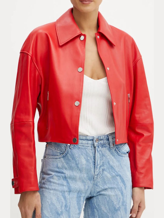 Women's Short Lifestyle Leather Jacket for Winter Red