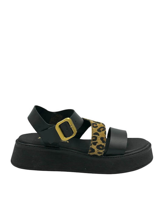 Δερμάτινα Γυναικεία Σανδάλια Flatforms Black Leopard
