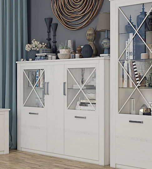 Ashly Living Room Display Cabinet Made of Solid Wood with Glass White 171.5x37.5x143cm Ashly Living Room Display Cabinet Made of Solid Wood with Glass White 171.5x37.5x143cm