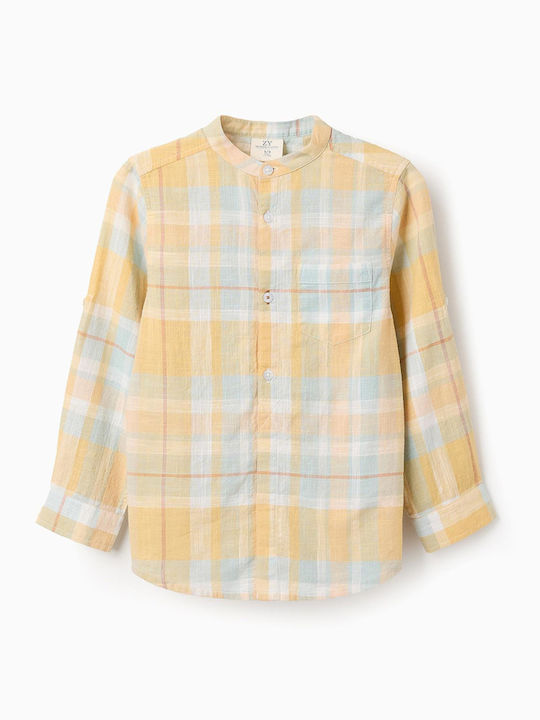 Kids Checked Shirt Long Sleeve Linen Yellow