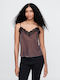 Women's Blouse Velvet Sleeveless with V Neckline Brown