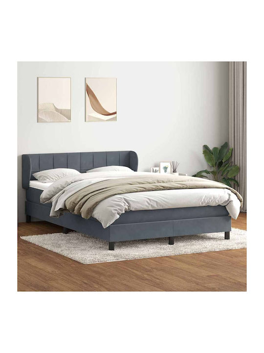 Pat Dublu Tapitat cu Material Gri Închis cu Plăci și Saltea 160x210cm