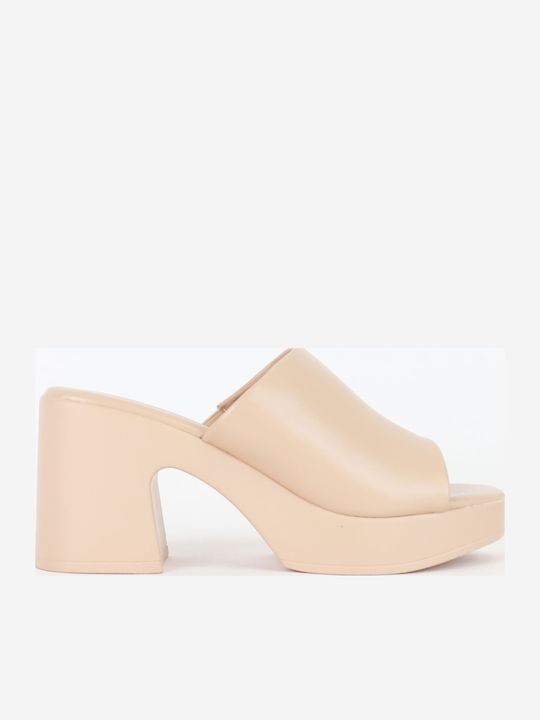 Sweet Shoes Mules με Χοντρό Τακούνι σε Μπεζ Χρώμα