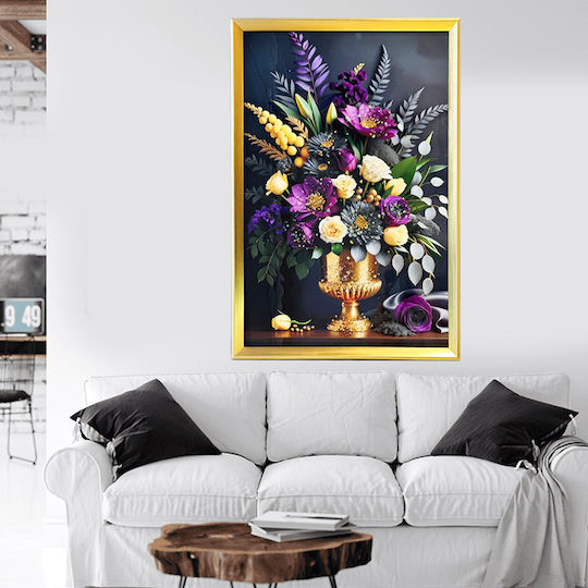 Tablou cu Ramă Aurie Design Pânză Vază cu Flori Multicolore Pietre Reliefate Tip Diamant 60.5x41x2.5cm