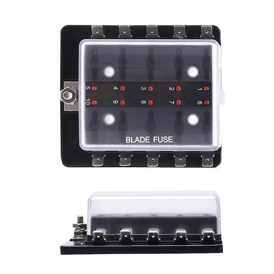 Fuse Box Holder 12v 24v Standard Fuses 10 Positions Waterproof Cover LED Burnt Fuse Indicator Black