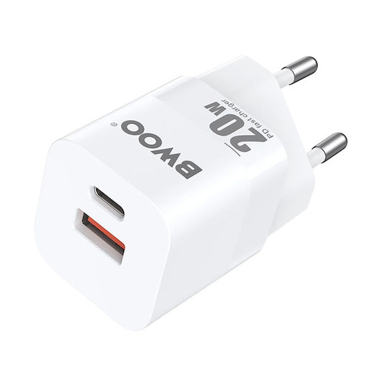 BWOO Зарядно без кабел GaN (Галуниев нитрид) с USB-A порт и USB-C порт 20W Доставка на енергия / Бързо зареждане 3.0 Бял (CDA156)