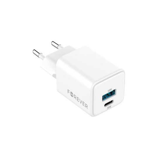 Forever Φορτιστής Χωρίς Καλώδιο GaN με Θύρα USB-A και Θύρα USB-C 20W Power Delivery Λευκός (TC-08-20AC)