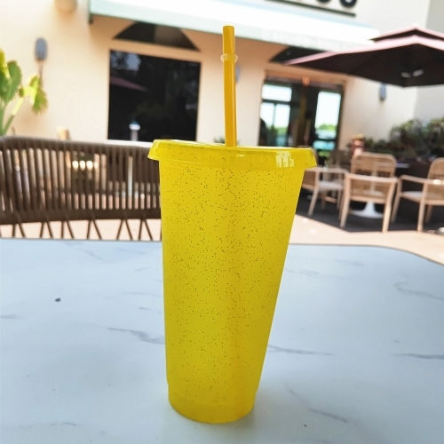 Glass Water / Cocktail/Drinking / Coffee/Freddo made of Plastic in Yellow Color with straw