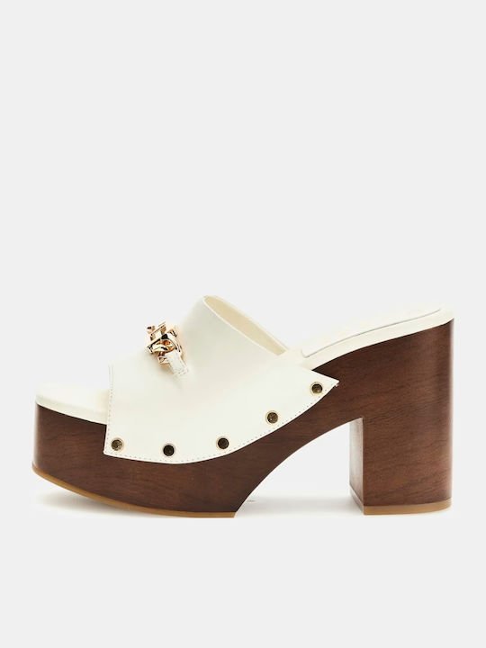 Mules with Chunky Heel in Ecru Color