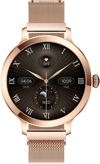 Aoke NX7 Smartwatch με Παλμογράφο (Ροζ - Χρυσή Κάσα / Ροζ - Χρυσό Μεταλλικό Λουρί)