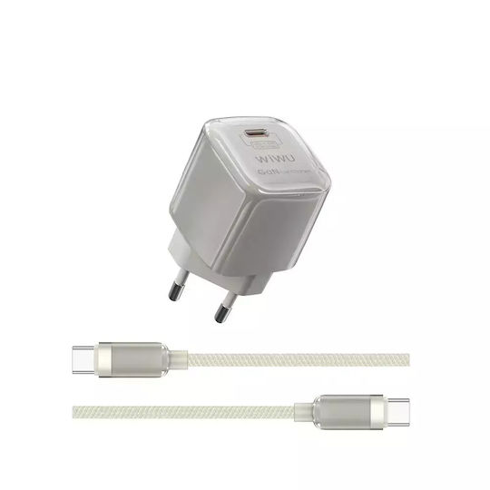 Wiwu Φορτιστής GaN με Θύρα USB-C και Καλώδιο USB-C - USB-C 30W Λευκός (Jello U017)