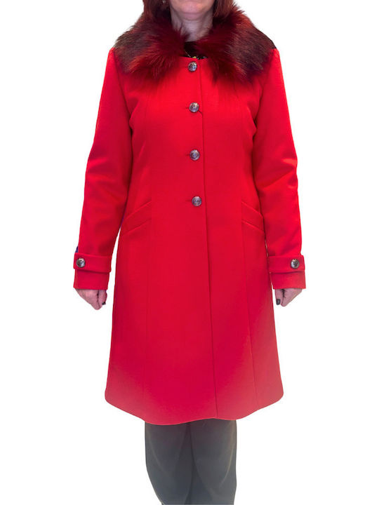 Damen Red Mantel mit Fellbesatz